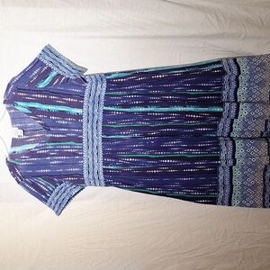 Cotton Boho Maxi Dress, Purple Green Blue, Short Sleeves, Oversized Sz 12, NWOT